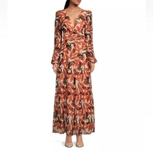 Gianni Bini Lillian Copper Palm Print Dress Womens Tiered Maxi Cut Out NEW $259